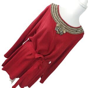 NWT! ONCE AGAIN! RICH RED METALLIC KNIT, BELTED, SEQUINNED & BEADED SWEATER! 1X